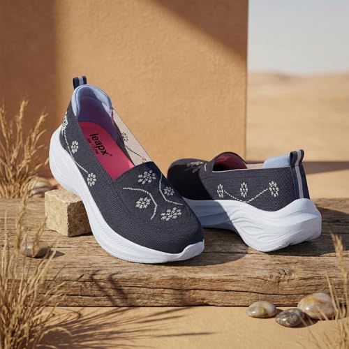 Image of Liberty LEAP7X GLOWSTAR-E Slip-On Sneakers for Women - Peach & Navy Knitted Casual Shoes | Memory Foam Cushioned Insole, Lightweight Slip-On Shoes for Walking, College & Casual Outings