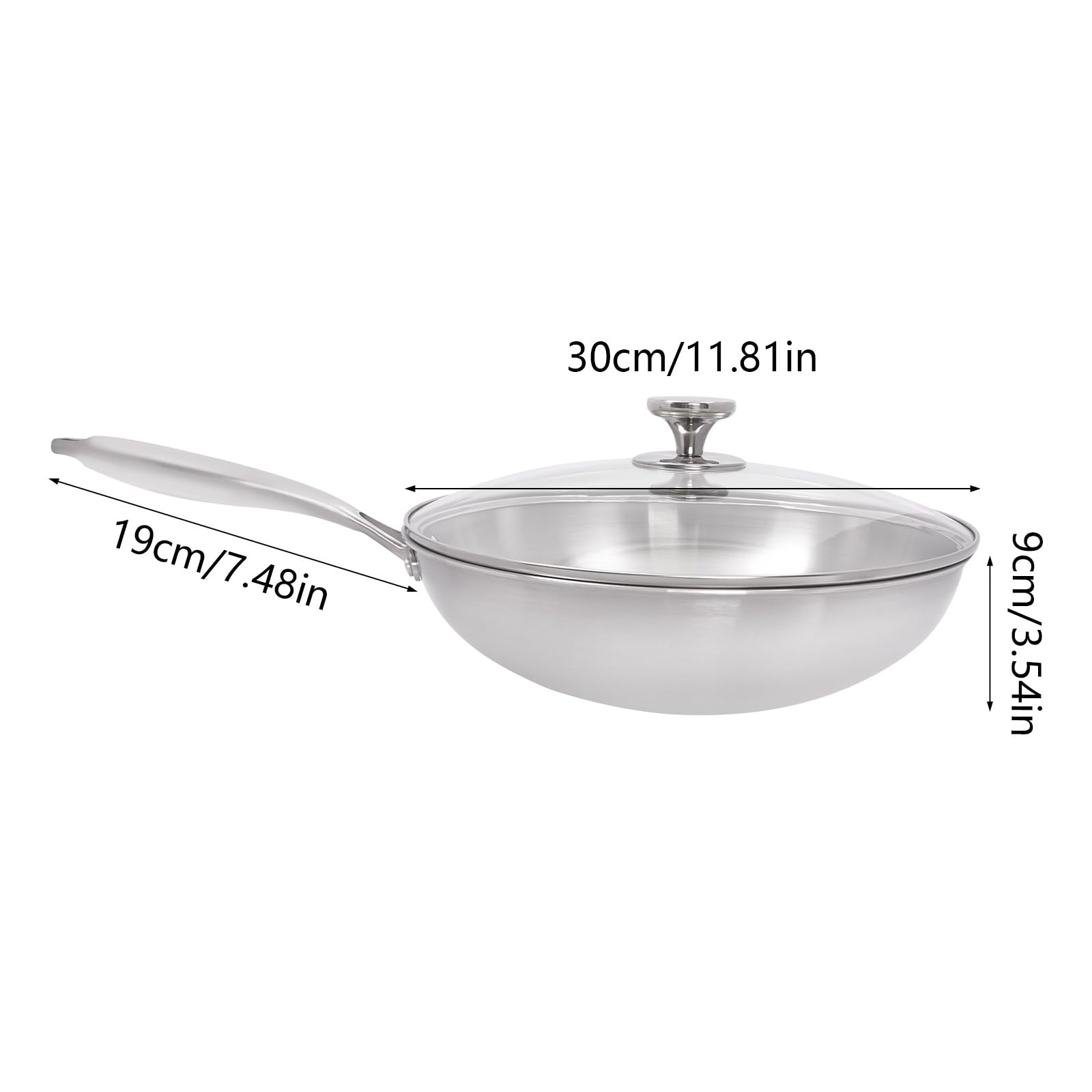 Sartén wok de 30 cm, sartén con tapa wok de acero inoxidable para cocinar platos asiáticos para inducción, eléctrica, gas (plata, 30 cm)