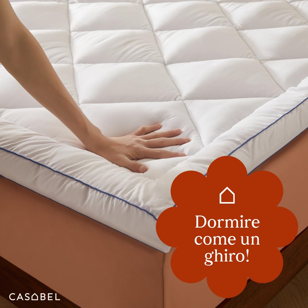 CASABEL Topper Matrimoniale 160x200, Coprimaterasso Matrimoniale imbottito in Microfibra 1000 GSM, Traspirante & Antiscivolo, con Angoli Elastici, Lavabile in Lavatrice