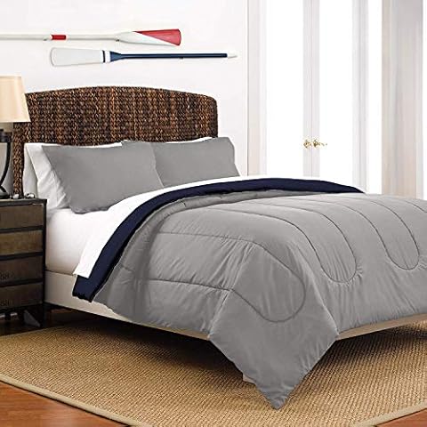 Martex Two-Tone Solid Color Reversible Comforter and Sham Bedding Set - Super Soft Brushed Fabric - Light Grey Reversing to Navy Blue, Full/Queen Cover