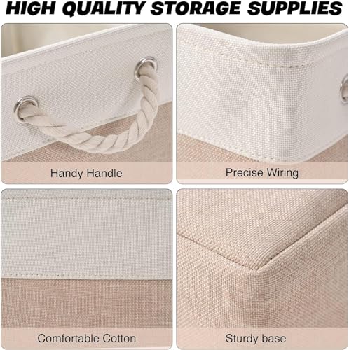 صناديق تخزين من دوركو من 3 قطع، سلة منسوجة من الحبال القطنية قابلة للطي مع مقابض، صندوق تخزين مكعب للتخزين، للتنظيم، صناديق ألعاب الأطفال في الفصول الدراسية، الخزانة، سلال حضانة الأطفال (أبيض-كاكي)
