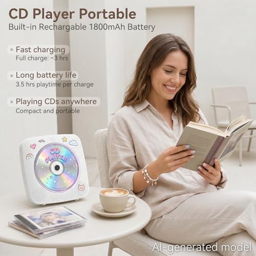 Image of CD Player Portable Bluetooth Rechargeable: CD Players for Home with 1800mAh Kegaudio Desktop Wall CD Player with Speakers Music Player CD Boombox FM Radio USB Remote Control