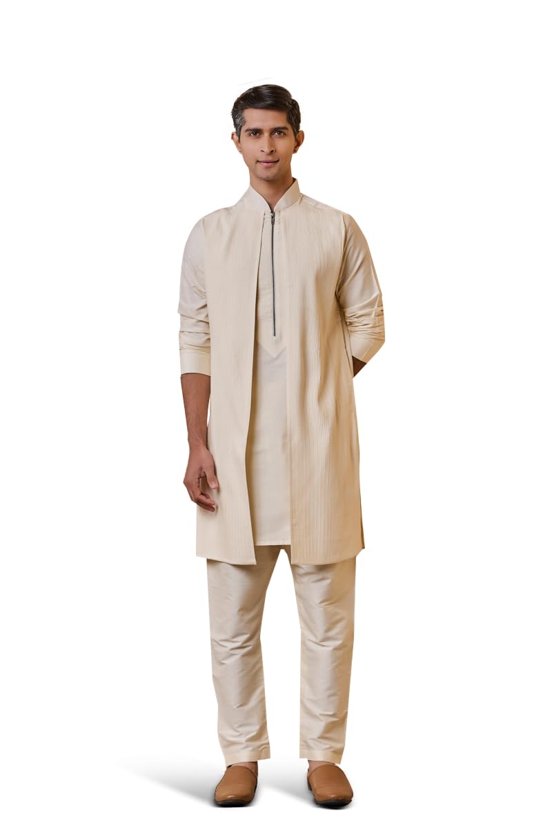 tasva Ivory Textured Faux Jacket Detailed Kurta Set For Men-picture-43