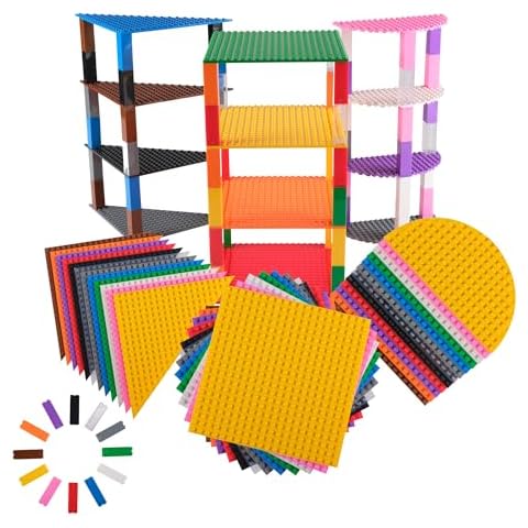 Strictly Briks Compatible with Lego Classic Stackable Baseplates, Building Bricks for Towers, Half Circle, Triangle & Square, Rainbow Colors, 36 Base Plates & 60 Stackers, 6x6 Inches Cover