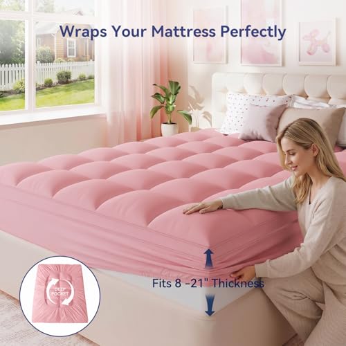 Image of ELEMUSE Pink Queen Mattress Topper for Bed, Extra Thick Pillow Top Mattress Pad with Plush Comfort, Designed for Couples & Everyday Sleep, Bedroom Upgrade