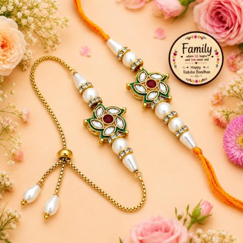Image of Riddhika Ventures Glorious Gold Plated Religious Diamond Ring Rakhi || Traditional Rakhi Set of 2 & Festive Gift || Rakhi Gift Combo for Bhaiya Bhabhi (J5SM)