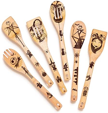 Riveira 6-Piece Wooden Spoons For Cooking & Serving – Nightmare Before Christmas Kitchen Cooking Utensils Set – Gothic Kitchen Cook Set – Nightmare Before Christmas Halloween Decorations