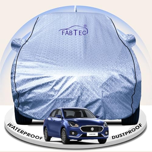 Image of FABTEC Metallic Silver Waterproof Car Body Cover for Maruti Dzire (2017-2024) Sun, UV and Dust Protection with Mirror and Antenna Pocket (Reflective Silver with Black Piping)