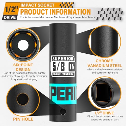 Image of 1 /2 inch Drive Impact Socket, 5 /8 inch Deep Socket, SAE, 6 Point, CR-V, for Car Repair, Loosen the Fastening Nut