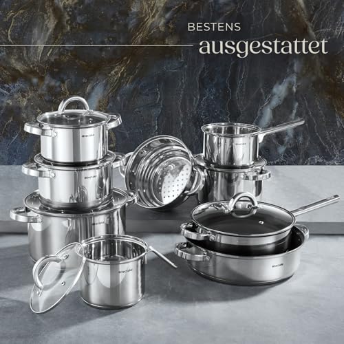 tectake® 15-tlg. Topfset, Edelstahl Kochgeschirr, Bratpfanne und Töpfe Set mit Deckel, Kochtopf Set für Induktionskochfeld… – Ansicht 6