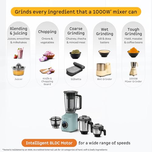 Image of Atomberg Zenova Fresh Juicer Mixer Grinder For Kitchen | Smart BLDC Motor | Grinds Like 1000 Watt | Coarse Mode for Silbatta Texture | 4 Jar With Chopper | Coconut Milk Maker | Hands-Free | Misty Teal