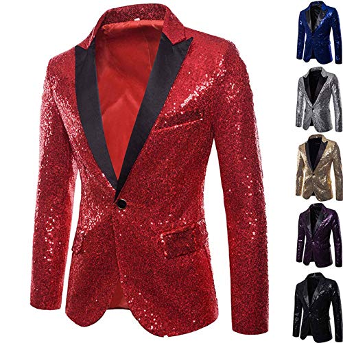 GZYshoyao Herren Pailletten Sakko Gold Glitzer Blazer Slim Fit Hochzeit Mantel Langarm Mantel Anzug Herrenjacke Performance-Kostüm für Hochzeit und Party Formelle Kleidung für Herren (Rot, M)