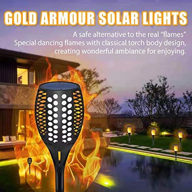 Gold Armour Solar Lights Outdoor - Flickering Flames Torch Lights Solar Light 42.9in Tall, Waterproof Dancing Flame Lighting 96 LED Dusk to Dawn Flickering Tiki Torches Outdoor Garden (4Pack)