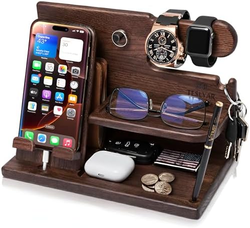 TESLYAR Wood Phone Docking Station for Men - Desk or Nightstand O...