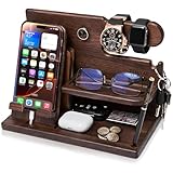 TESLYAR Wood Phone Docking Station for Men - Desk or Nightstand Organizer - Birthday Gifts for Husband, Dad - Anniversary Idea from Wife - Key Holder, Stand Wallet, Watch & Essentials (Bourbon Brown)