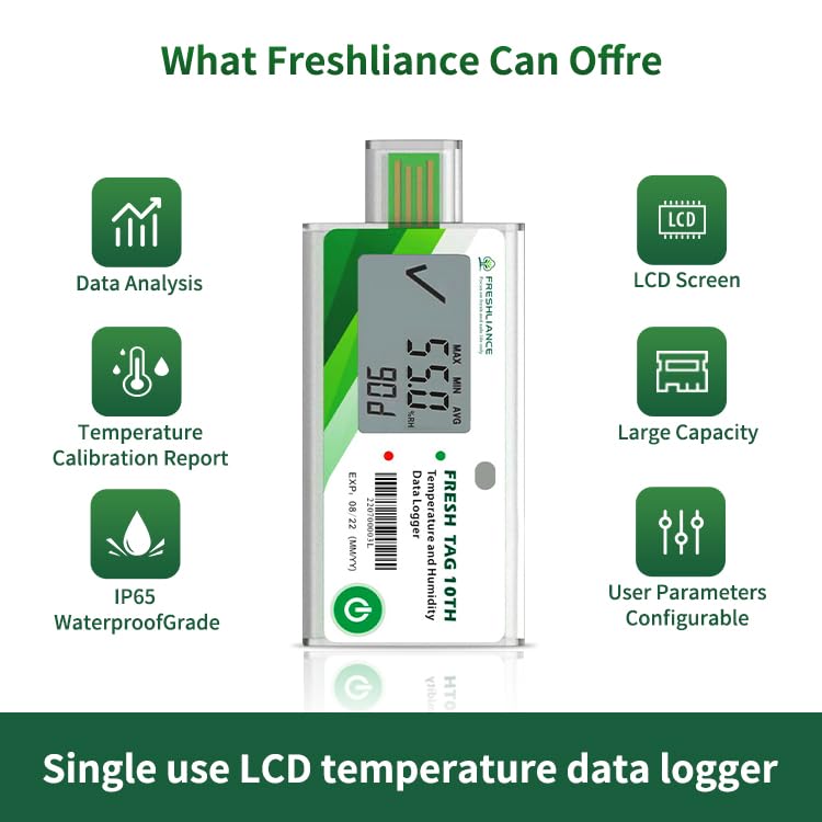 Image of Freshliance LCD Temperature Data Logger, Single Use USB Temperature Recorder with PDF or CSV Report, 65000 Readings -22℉~158℉ High Accuracy, 90days, 1pack, Fresh Tag10T