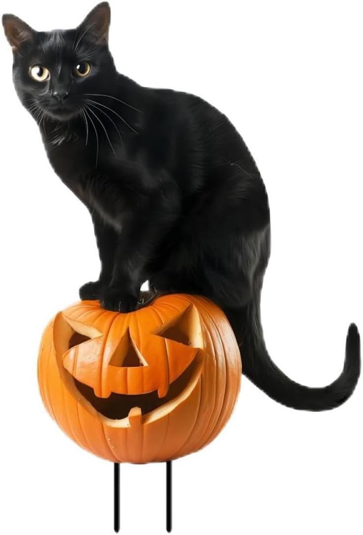 Halloween Decorations Outdoor, Black Cat Yard Sign Stakes with Pumpkin, Metal Black Cat Garden Decor for Yard Lawn Outdoor Party Ornaments 11 Inch (A)