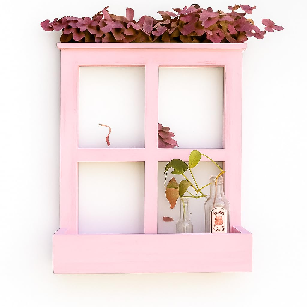 Elegant Pink Wooden Wall Decor Window – Vintage Wall Hanging Frame with Planter Box for Living Room, Bedroom & Balcony Decoration vintage fake window for office,home & cafe.-image-28