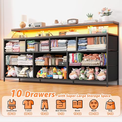 EnHomee-55-W-Dresser-for-Bedroom-with-10-Drawers-Long-Dresser-with-LED-Lights-Power-Outlets-Wide-Dressers-Chests-of-Drawers-Large-Dresser-for-Bedroom-Dresser-Metal-Frame-Wood-Top-Rustic-Brown EnHomee 55 W Dresser for Bedroom with 10 Drawers Long Dresser with LED Lights Power Outlets Wide Dressers Chests of Drawers Large Dresser for Bedroom Dresser Metal Frame Wood Top Rustic Brown