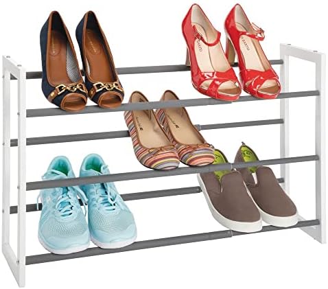 mDesign Metal 3 Tier Adjustable/Expandable Shoe and Boot Storage Organizer Rack - Space-Saving, Angled Vertical Storage - Closet, Entryway, Mudroom, Bedroom, Garage - White/Gray