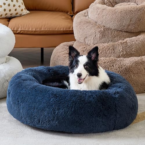 Image of Bedsure Calming Dog Bed for Large Dogs - Donut Washable Large Pet Bed, 36 inches Anti Anxiety Round Fluffy Plush Faux Fur Dog Bed, Fits up to 80 lbs Pets, Navy