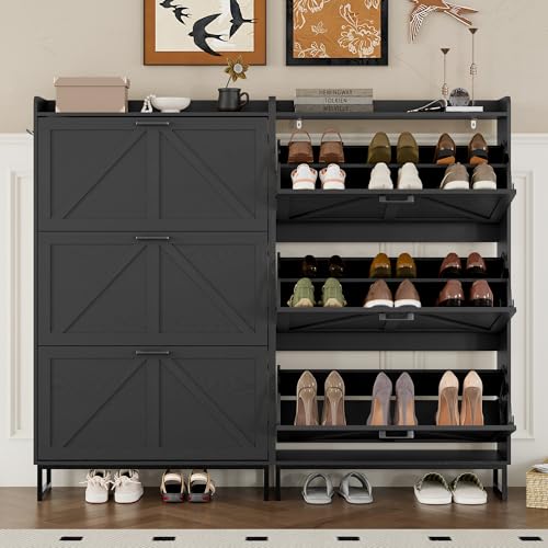Image of BORNOON Shoe Cabinet with 3 Flip Drawers Narrow Shoe Storage Cabinet Organizer Wooden Freestanding Shoe Rack Hidden Slim Shoes Storage Cabinet for Entryway, Hallway, Living Room, Bedroom
