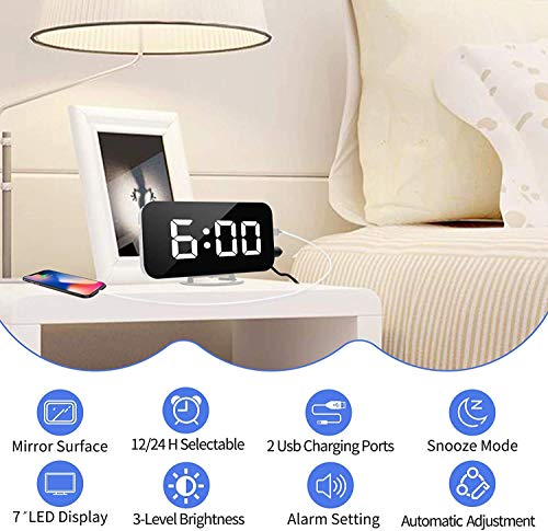 Digital Alarm Clock,7" Led Mirror Electronic Clocks,With 2 Usb Charging Ports,Snooze Mode,Auto Adjust Brightness,Modern Desk Wall Clocks For Bedrooms Living Room Office - White #TOP1