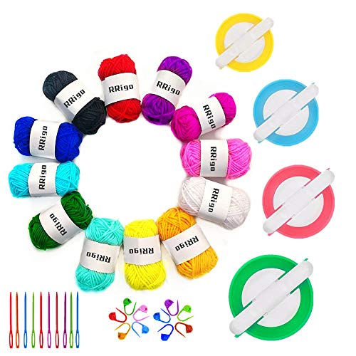 Pom Pom Maker, 4 Sizes Pompom Maker Tool Set for Fluff Ball Weave DIY Wool Yarn Knitting Craft Project for Kids and Adult +12PS Acrylic Yarn+10PS Knitting Stitch Markers+10PS Plastic Needles