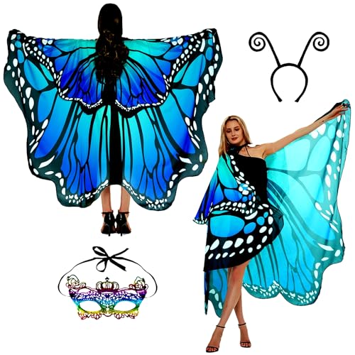 Schmetterling Kostüm Damen Flügel Schmetterlingsflügel Erwachsene Zweistufiges Faschingskostüme Damen Umhang Verkleidung Schmetterlings Kostüm Zubehör 3Set Gesichtsmaske Fühler Schmetterling Haarreif