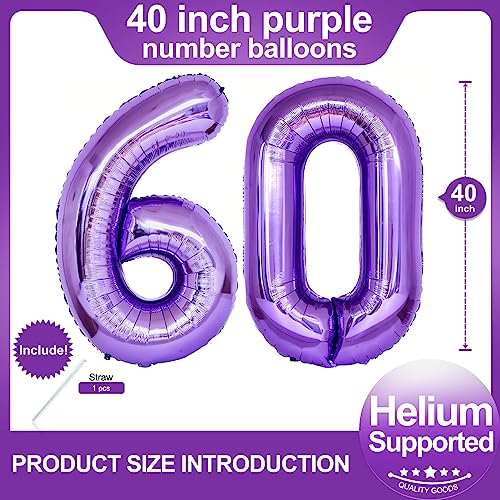 Image of Number 60 Purple Balloons 40 Inch Giant Purple Foil 60 Helium Balloons for 60th Purple Birthday Party Supplies 60th Anniversary Events Decorations