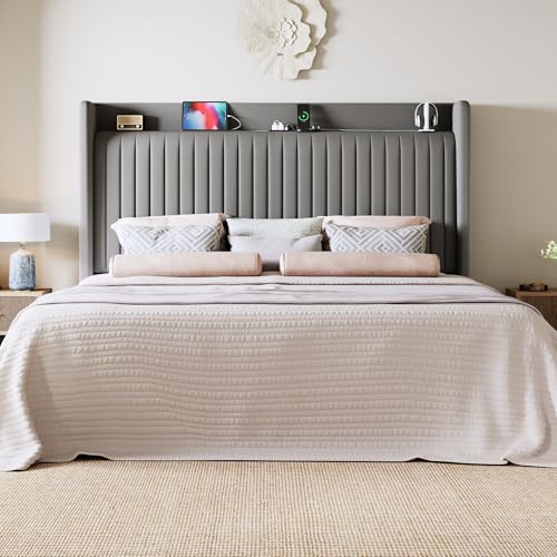 Image of Allewie King Size Platform Bed Frame with USB Charging Station and Storage Shelf /Upholstered Velvet Wingback Headboard /Wooden Slats Support /No Box Spring Needed /Easy Assembly, Grey