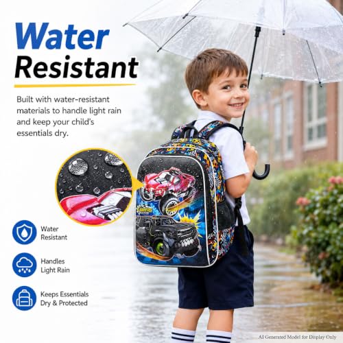 Image of HPJGD 3PCS Truck Backpack for Boys, Water Resistant Kids Bookbag Set with Lunch Box, Cool School Bag for Preschool Toddler - Teeth Truck
