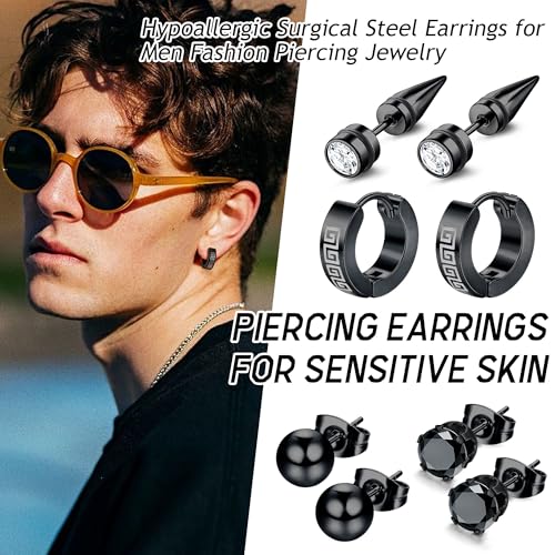 Dochais 16 Pares Pendientes de Aro para Hombre - Set de Acero Quirúrgico con Cruz Colgante Negro y Circonitas en Plata, Diseño Punk - imagen 7