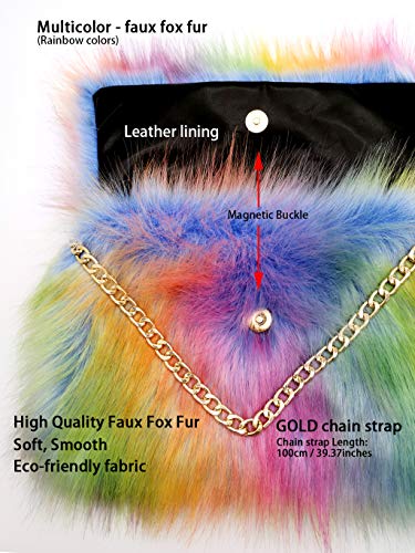 Fhqhth Faux Fox Fur Purse Fuzzy Handbags For Women Foldover Evening Bags Al Alloy Shoulder Strap [Rainbow Colors] #TOP3