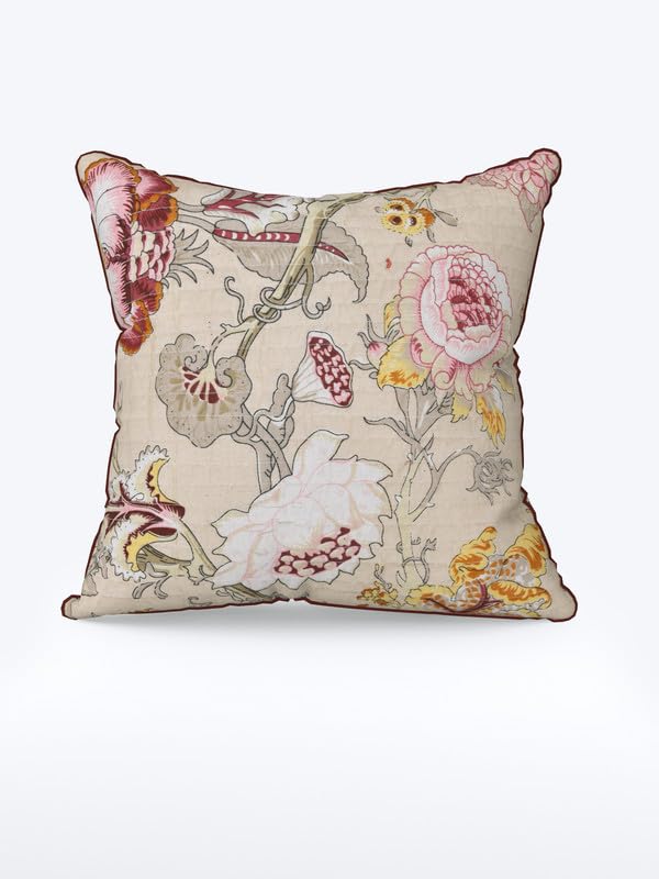 Image of Pure Cotton Quilted Cushion Cover 16x16 Inch | Anokhi Print Decorative Throw Pillow Cover | Soft Cotton Sofa Cushion Cover with Hidden Zipper | Living Room Bedroom Home Decor