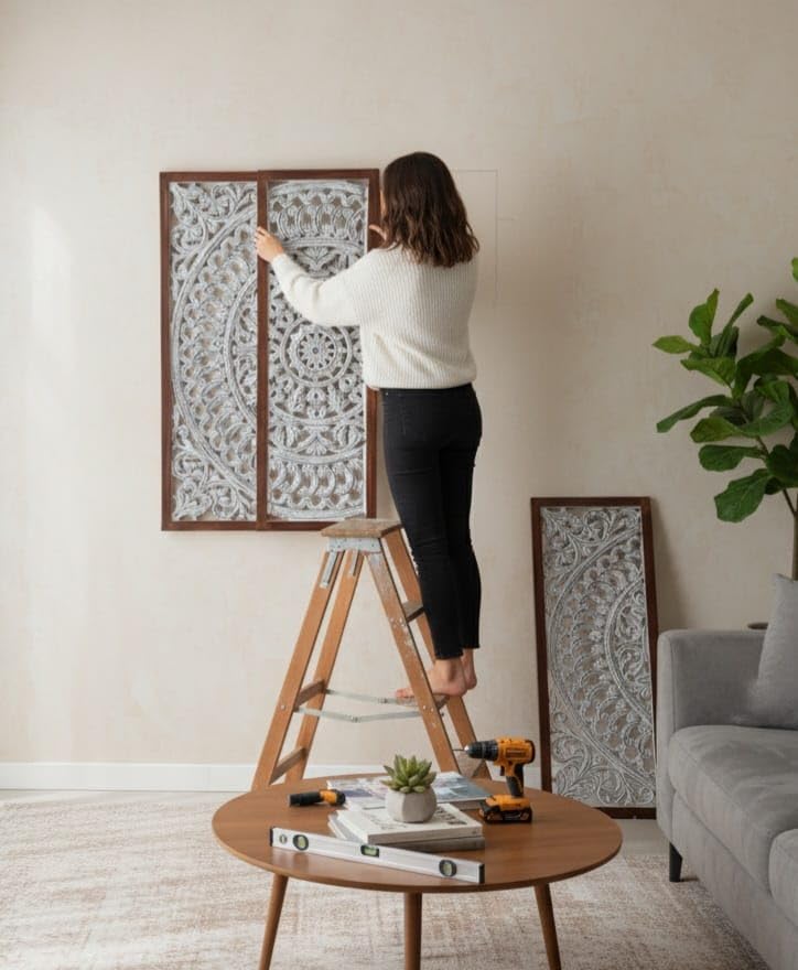 Image of Wall panel Floral MDF Wall Decoration Panel, Hanging Wood Carving Wall Decoration Panel for Living Room, Bedroom, Hallway, Office Wooden Wall Hanging Plaque, Wood Carving (Rectangular Gray)