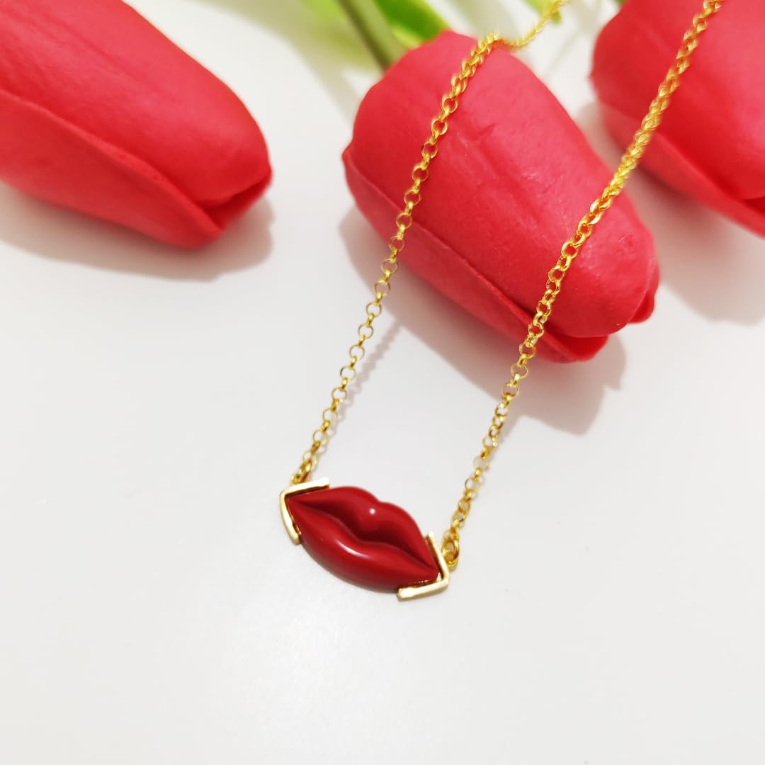 Collana labbra Bocca lolita pasta di corallo rosso naturale del Mediterraneo montatura in argento 925 dorato con catenina regolabile gioiello artigianale