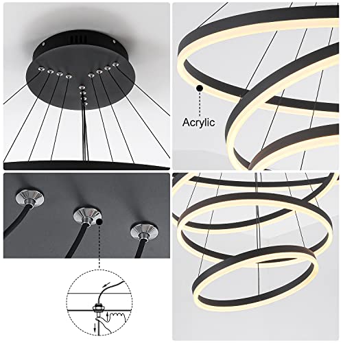 4-Rings D31.5’’ Modern Led Chandelier Black Luxury Contemporary For Living Room, Dimmable Flush Mount High Ceiling Pendant Light Fixture With Remote Control For Staircase Dining Room(3000K-6500K) #TOP4