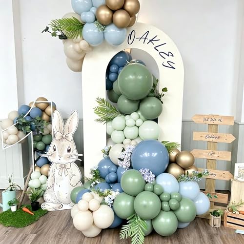 Image of Dusty Blue Sage Green Balloon Arch Kit 139Pcs Fog Blue Pastel Green White Sand Balloons for Baby Shower Birthday Jungle Safari One Silly Goose Theme Wedding Bride Party Decorations for Boy Girl Adult
