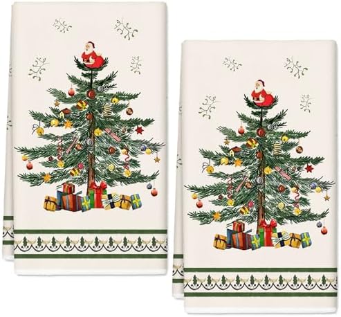 AnyDesign Christmas Kitchen Towel Vintage Xmas Tree Dish Towel Retro Rustic Hand Drying Tea Towel for Winter Farmhouse Cooking Wiping, 18 x 28 Inch, 2Pcs