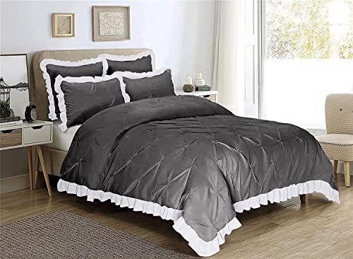 Image of 300 TC Pinch Ruffle 2 Tone Duvet /Razai /Blanket Cover with 2 Pillow Cover- 100% Cotton (Zipper Closure) Razai Cover 3 PC Set, Soft & Lightweight-Queen Size White /Dark Grey