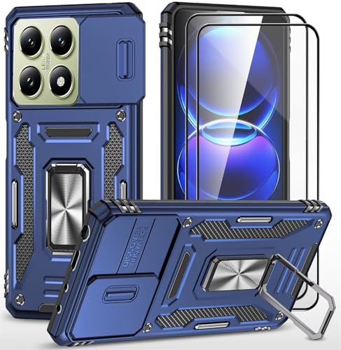 CLYDITE para Funda Xiaomi 14T Carcasa Silicona Azul con Cristal Templado [2 Piezas] Cubierta de cámara Deslizante TPU 360 Grados Anillo Giratorio Soporte Coche