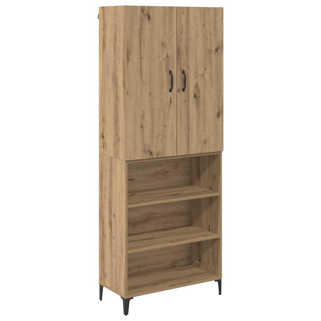 Makastle Highboard pour Salon 69,5 x 34 x 180 cm Chêne Artisanal en Bois d'Ingénierie avec Étagères et Pieds en Métal