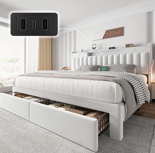 CypBed King Size Bed Frame with 4 Storage Drawers Velvet Upholstered Platform King Bed Frame and Headboard 3 USB & Type-C Charging Ports Solid Wood Slats No Box Spring Needed No-Noise White Gifts