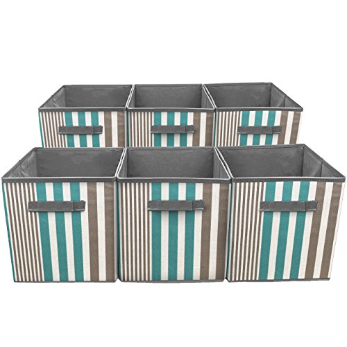 Sorbus® Foldable Storage Cube Basket Bin, Vertical Stripe Line Pattern (6 Pack, Aqua) #TOP5