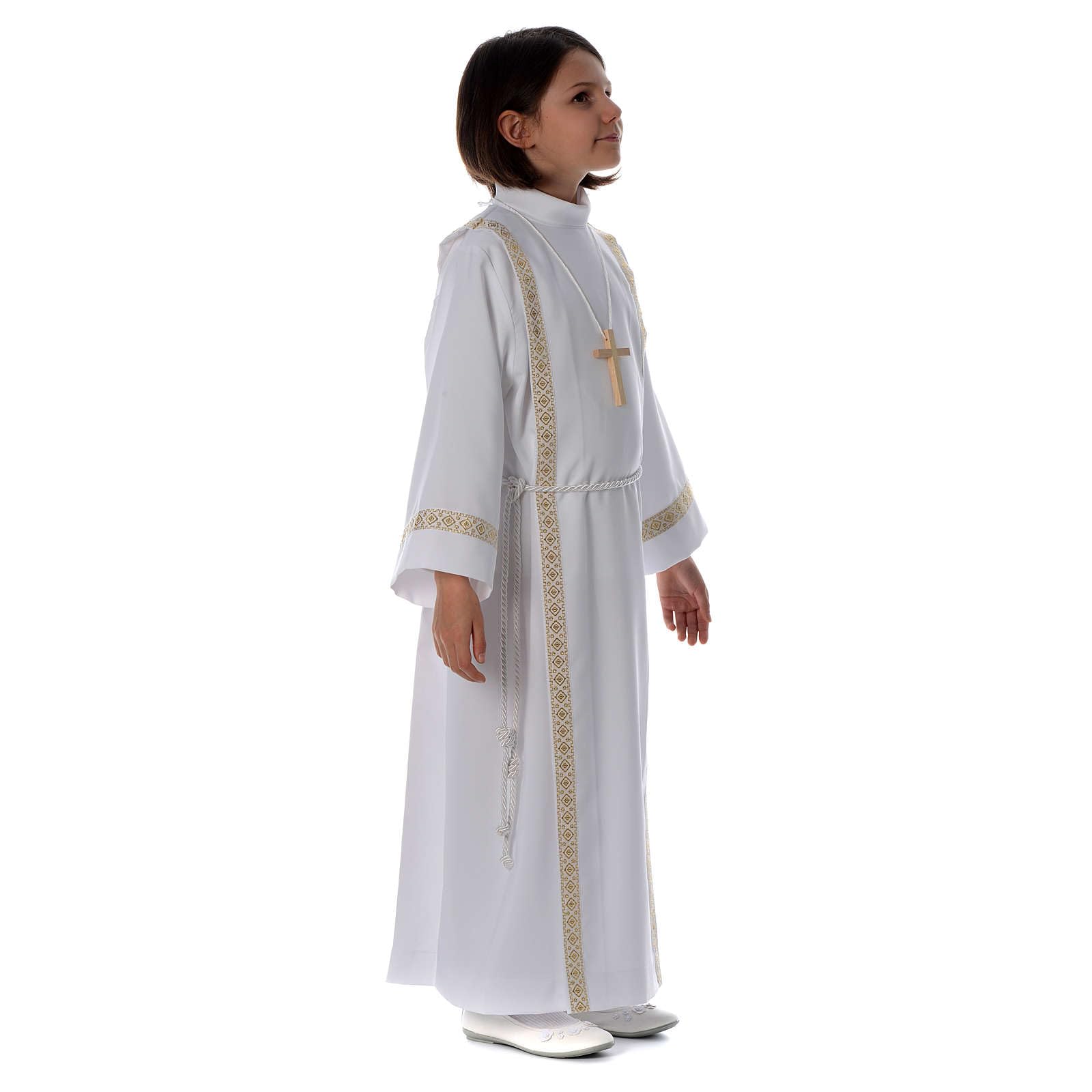 Holyart Abiti Prima Comunione: Saio Prima Comunione piegoni Bordo Dorato Davanti e Retro