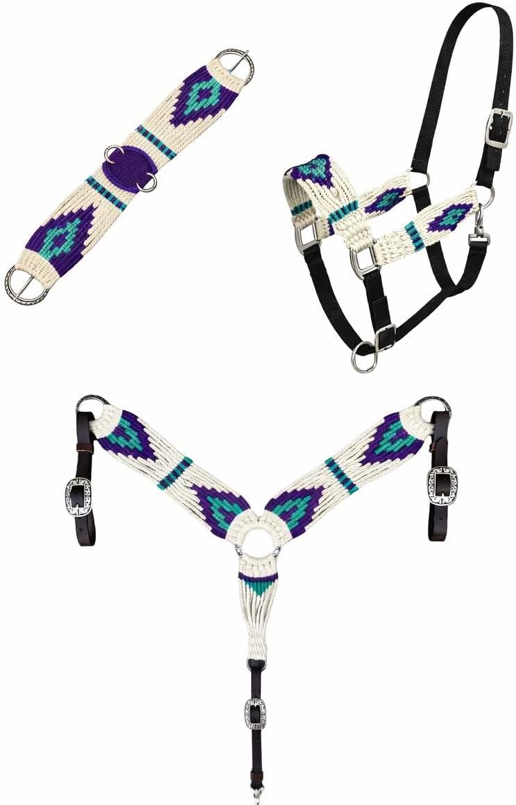 Cheval’s Western Mohair Wool Horse Tack Set, Handmade Breast Collar Adjustable Nylon Halter with Padded Crown & Mohair Cinch, Durable Stainless Steel Buckles, Equestrian Gear (CH-30-30)