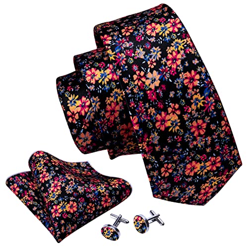 Image of Barry.Wang Flower Ties for Men Handkerchief Cufflinks Set Wedding Necktie Set Party