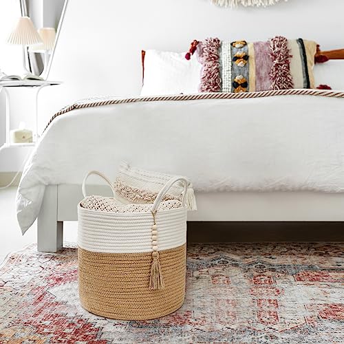Mkono Woven Storage Basket Decorative Rope Basket Wooden Bead Decoration for Blankets,Toys,Clothes,Shoes,Plant Organizer Bin with Handles Living Room Home Decor - Image 3