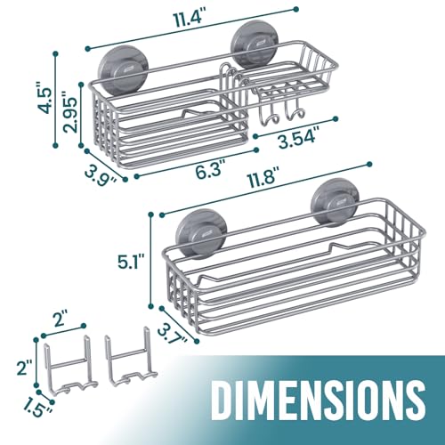 Image of TAILI Shower Caddy Suction Cup 2 Pack with Hooks & Soap Holder, Heavy Duty Shower Organizer for Bathroom, No Drilling Bathroom Organizer with Large Capacity, Metal Storage Holder-Grey